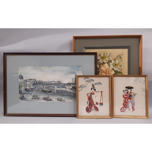 173 - Four framed works: Evelyn Collage?, floral still life, oil on board, 60 x 50 cm, labelled verso; Fra... 