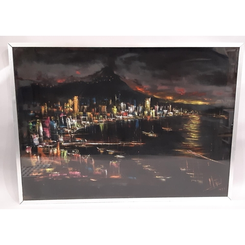 180 - 20th Century Cityscape, Possibly of Hong Kong, signed 'MEI', oil on velour, 65 x 90 cm, framed and g... 