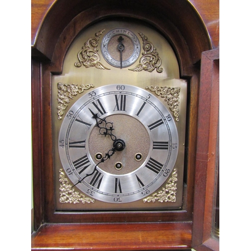 2594 - Small Georgian style grand mother clock with broken arch dial and swan neck pediment with eight day,... 