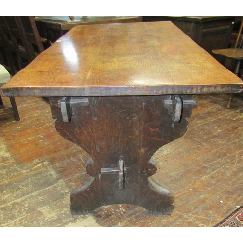 2651 - 19th century oak refectory table, the plank top raised on shaped supports with pegged frame, united ... 