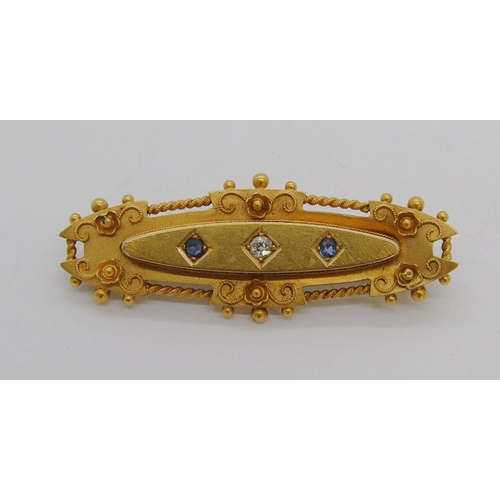 1281 - Late Victorian 15ct diamond and sapphire brooch, Birmingham 1900, 4.8g