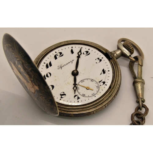 1441C - A continental white metal pocket watch with niello and gold inlaid detail, dial marked Speranza, the... 