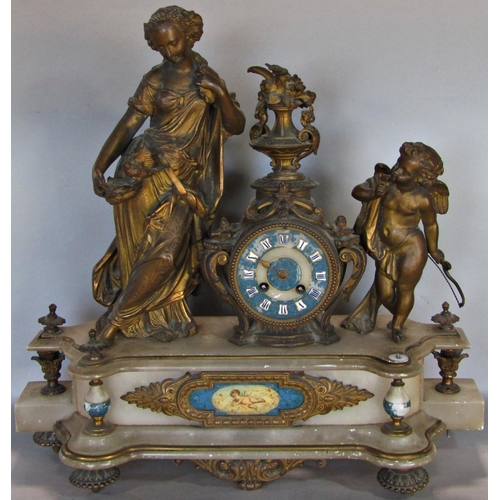 1442 - Mid-19th century onyx and gilt brass mantle clock, the eight day French striking movement within a s... 