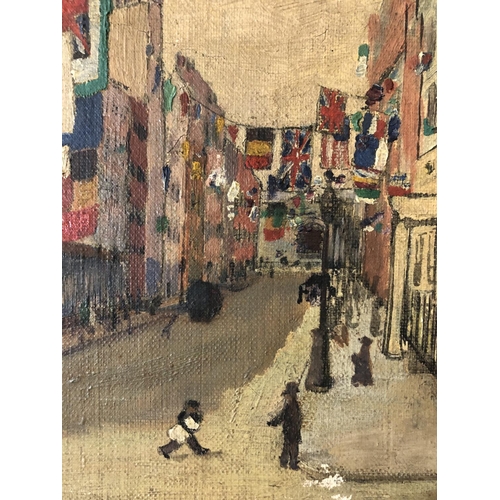 11 - J.A. Wood (19th/20th century) - Street Scene with World Flags and Figures, oil on canvas, signed low... 