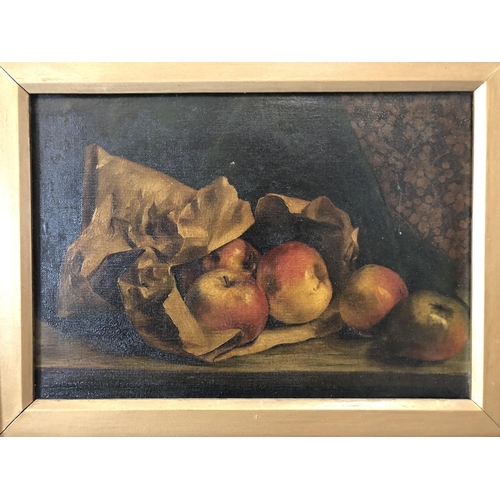3 - 19th Century School - Bag of Apples Still Life, unsigned, oil on canvas, 25 x 36 cm, gilt framed and... 