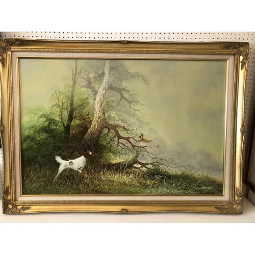 33 - Pointer in the Woods (20th century), indistinctly signed lower right, oil on board, 67 x 97 cm, fram... 