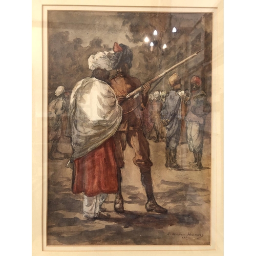 36 - Inglis Sheldon-Williams (1870-1940) - Soldiers in Conversation, 1903, watercolour on paper, signed a... 