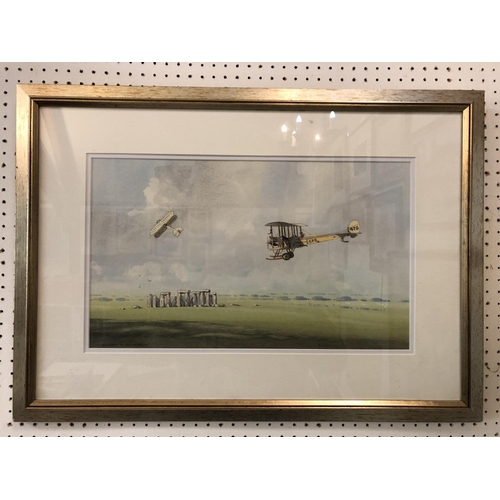 90 - Barry K. Barnes - Biplanes Flying Ove Stonehenge, watercolour on paper, signed lower left, 29 x 49 c... 