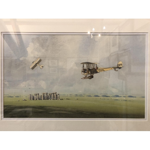 90 - Barry K. Barnes - Biplanes Flying Ove Stonehenge, watercolour on paper, signed lower left, 29 x 49 c... 