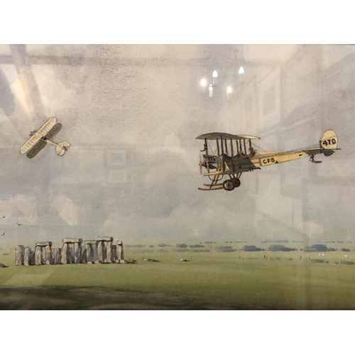 90 - Barry K. Barnes - Biplanes Flying Ove Stonehenge, watercolour on paper, signed lower left, 29 x 49 c... 