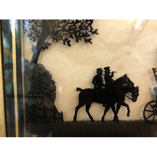 114 - Epsom Derby 1827 - Pair of reverse glass silhouette paintings (circa 1827), titled 'On the way to th... 