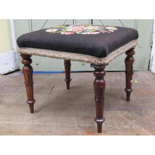 2687 - A Victorian stool with floral tapestry upholstered seat 45cm raised on mahogany turned tapered tulip... 