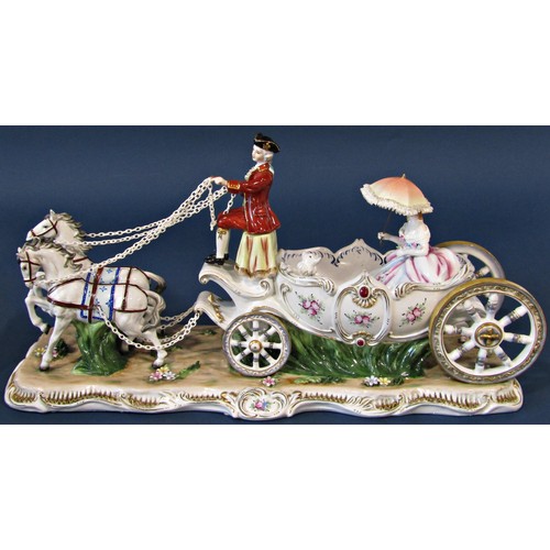 1139 - An Italian porcelain group - Court Carriage, the open carriage pulled by two white horses, with unif... 