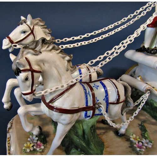 1139 - An Italian porcelain group - Court Carriage, the open carriage pulled by two white horses, with unif... 