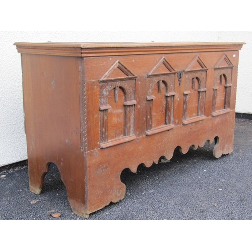 2556 - 18th century oak coffer the front elevation enclosed by four arcaded panels above a shaped and frett... 