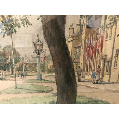 30 - WATERCOLOUR AND TWO PRINTS: Tom Whitehead (1886-1959) - Town Street Scene, 1953, watercolour on pape... 