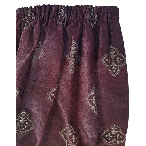 1614 - 2 pairs full length curtains by Montgomery in dark damson chenille, lined with pencil pleat heading.... 