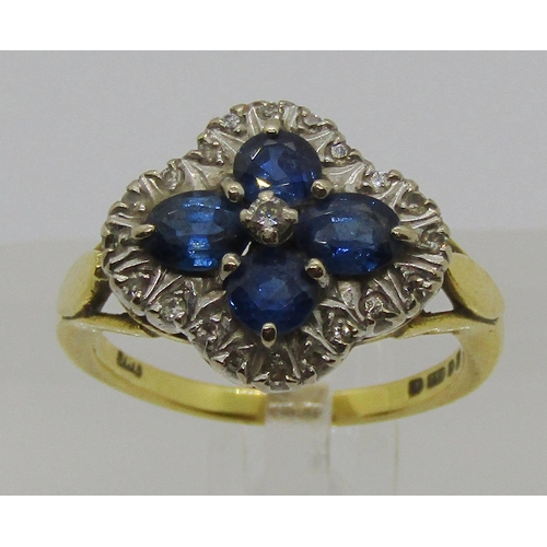 1241 - 18ct sapphire and diamond quatrefoil cluster ring, maker 'JHL', size P, 5.7g