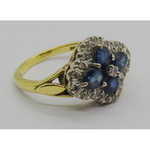 1241 - 18ct sapphire and diamond quatrefoil cluster ring, maker 'JHL', size P, 5.7g