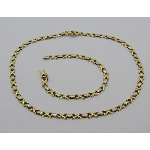 1249 - Italian 9ct bi-colour fancy X link necklace and matching bracelet, 24.9g (bracelet af) (2)