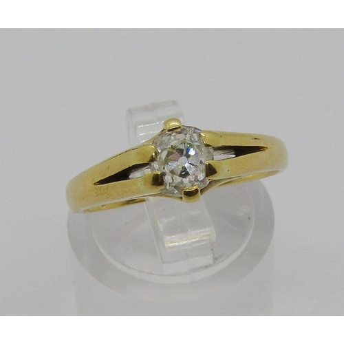 1256 - Antique yellow metal old-cut diamond solitaire ring, 0.60ct approx, size N, 3.8g