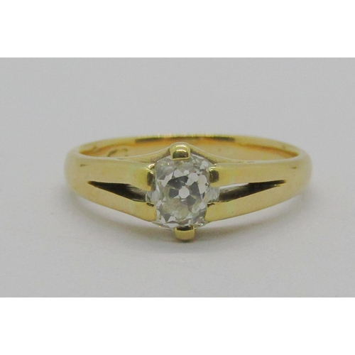 1256 - Antique yellow metal old-cut diamond solitaire ring, 0.60ct approx, size N, 3.8g