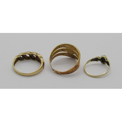 1268 - Two 9ct dress rings and a further stylised yellow metal ring, 6.9g total (3)