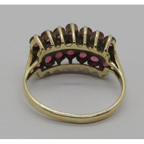 1286 - Yellow metal triple row ruby and diamond ring, size J, 2.2g