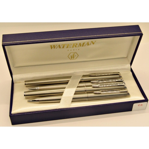 1177A - Waterman Hemisphere brushed stainless/gold fountain, rollerball and ballpoint pen and pencil set wit... 