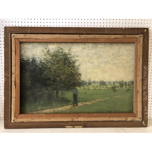 59 - G. W. Duff (20th Century), Figures in a Street Scene, oil on canvas (with landscape painting on reve... 