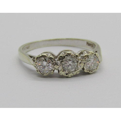 1314 - 9ct white gold illusion-set three stone diamond ring, 0.50ct total approx, size Q, 2.7g