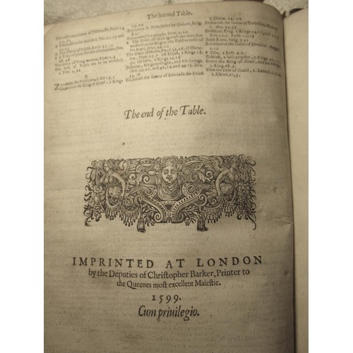 240 - A Breeches Bible, 1599, printed by Deputies of Christopher Barker, embossed leather bindings