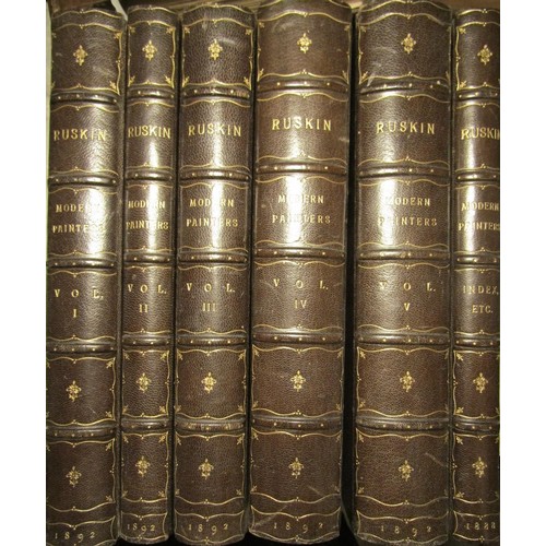 252 - John Ruskin - Modern Painters, 2nd edition 1892, Ballantyne Press, half leather bound, six volumes i... 