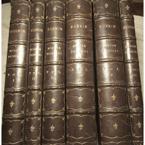 252 - John Ruskin - Modern Painters, 2nd edition 1892, Ballantyne Press, half leather bound, six volumes i... 