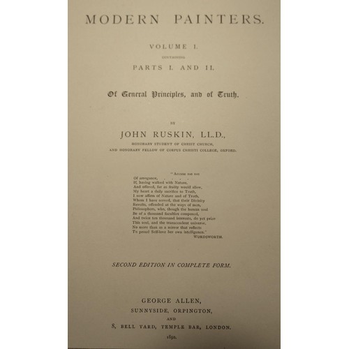 252 - John Ruskin - Modern Painters, 2nd edition 1892, Ballantyne Press, half leather bound, six volumes i... 