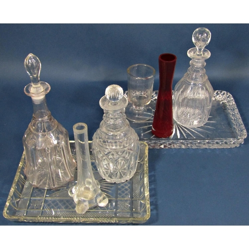 1156 - A mixed selection of glassware including two dressing table trays, three decanters, an oval tray, a ... 