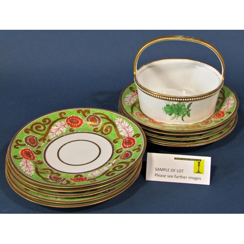 1015 - A collection of vintage china with green and gilt bands and floral decoration comprising a high comp... 