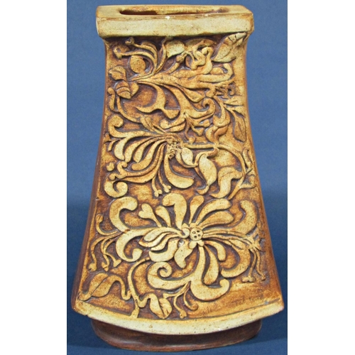 1039 - A heavy stoneware vase of square cut tapering form with abstract honeysuckle detail, further stonewa... 