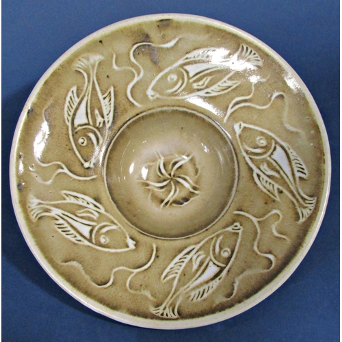 1040 - Studio pottery dish with repeating fish detail (no makers mark), further 19th century blue and white... 