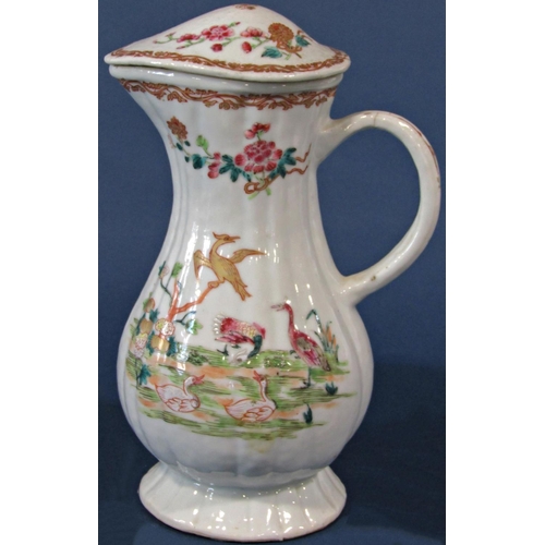 1053 - 18th century Chinese porcelain jug and cover with loop handle, the hand painted detail showing geese... 