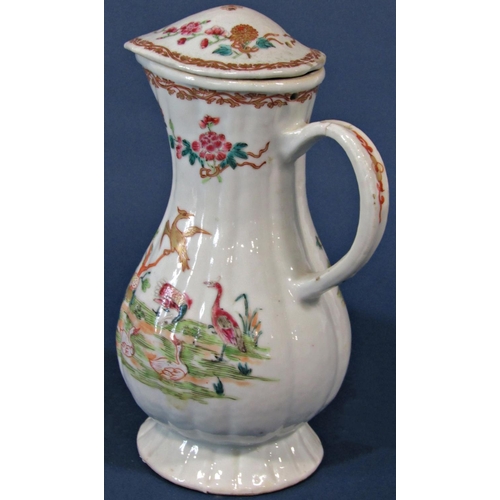 1053 - 18th century Chinese porcelain jug and cover with loop handle, the hand painted detail showing geese... 