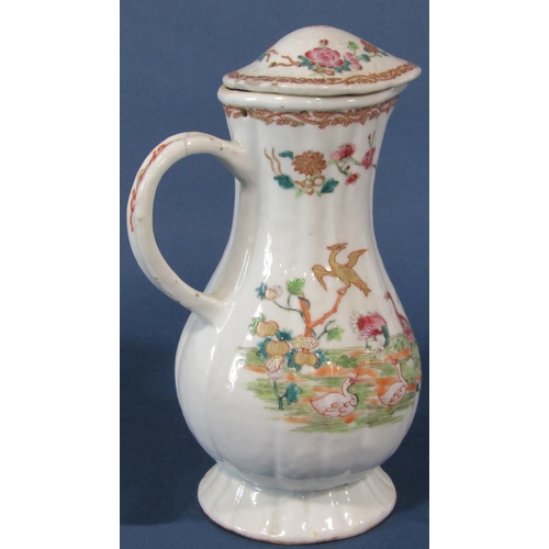 1053 - 18th century Chinese porcelain jug and cover with loop handle, the hand painted detail showing geese... 