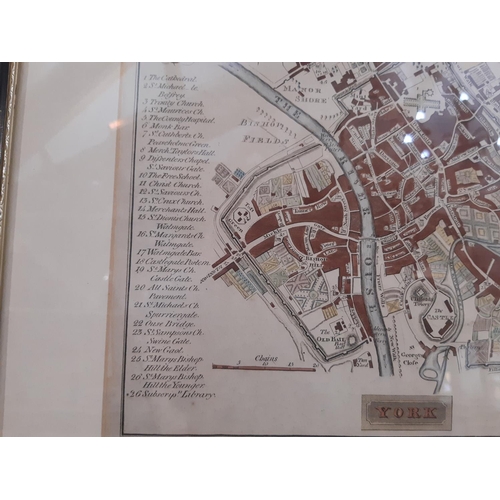 150 - Three hand coloured prints of maps to include: 'York' engraved for the York Guide, Published by J & ... 