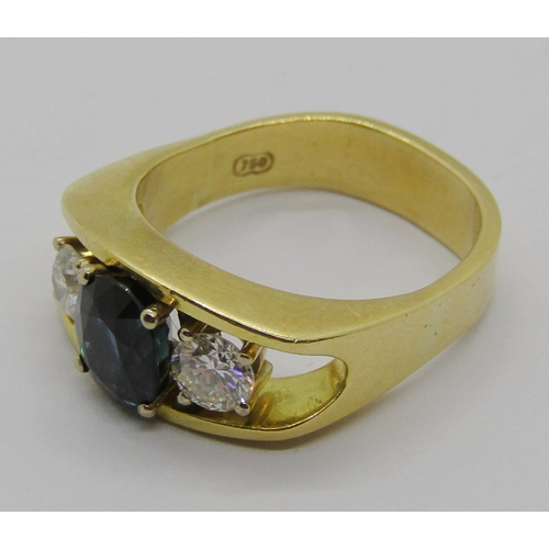 1281 - 18ct sapphire and diamond three stone ring, each diamond 0.20ct approx, size L/M, 8.4g