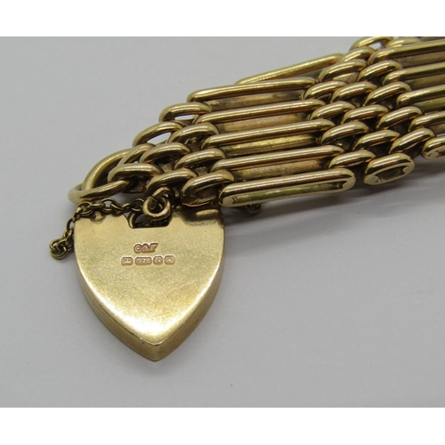 1296 - 1970s 9ct gate link bracelet with heart padlock clasp, 34.8g