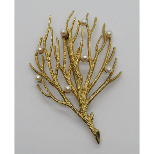 1297 - 1960s 9ct pearl brooch of naturalistic branch coral form, maker 'ELd', 7.7.g