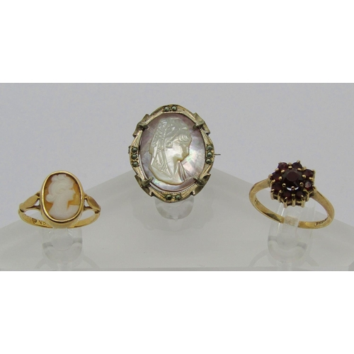 1298 - Group of jewellery comprising an 18ct cameo ring, 2g, a 9ct garnet cluster ring, 2.3g and an 800 sil... 