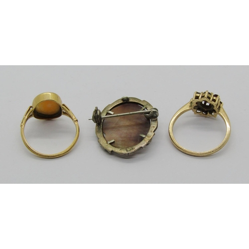 1298 - Group of jewellery comprising an 18ct cameo ring, 2g, a 9ct garnet cluster ring, 2.3g and an 800 sil... 