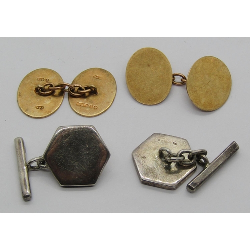 1302 - Pair of 1960s 9ct cufflinks, 7.2g and a further pair of 1990s hexagonal silver cufflinks