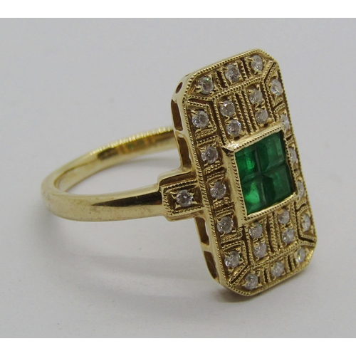 1303 - Art Deco style 14ct emerald and diamond panel ring, size K/L, 3.6g